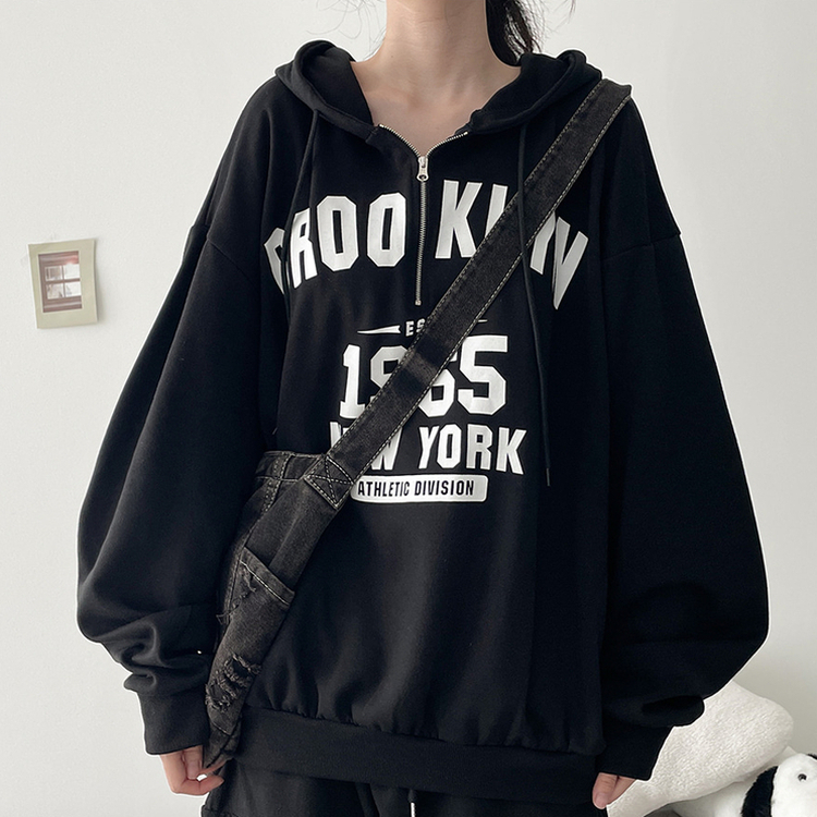 ハーフジップフードパーカー BLACK