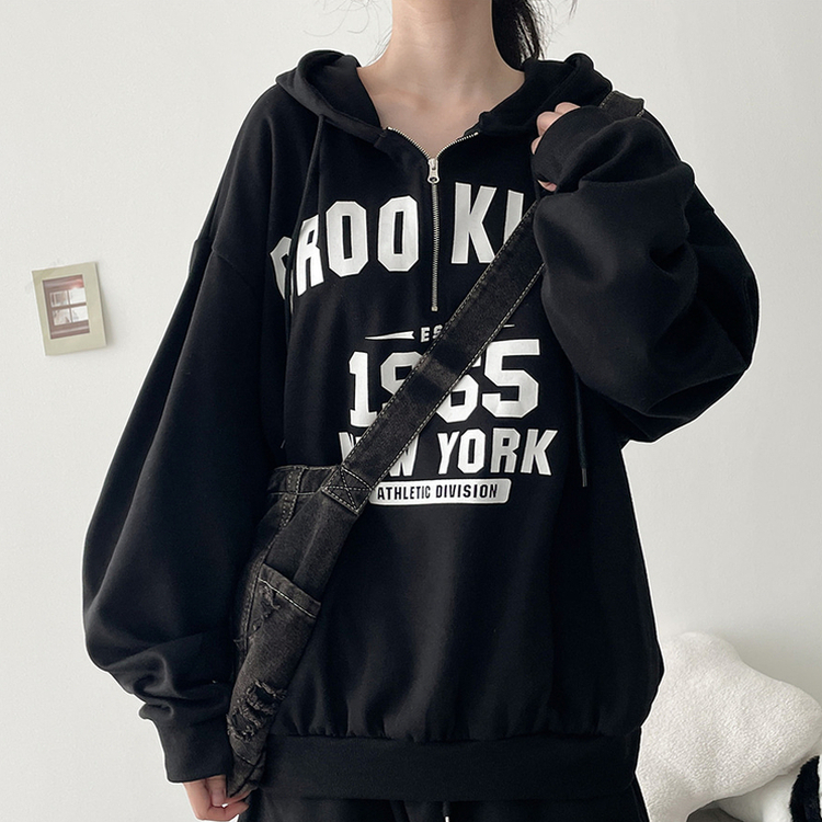ハーフジップフードパーカー BLACK