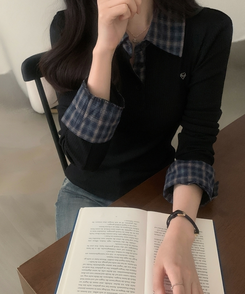 루이 체크 헨리넥 버튼 블라우스셔츠 2color 블랙