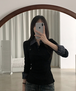 루이 체크 헨리넥 버튼 블라우스셔츠 2color 블랙