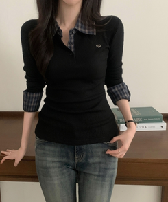 루이 체크 헨리넥 버튼 블라우스셔츠 2color 블랙