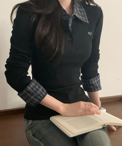 루이 체크 헨리넥 버튼 블라우스셔츠 2color 블랙