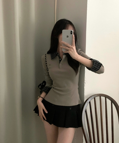 루이 체크 헨리넥 버튼 블라우스셔츠 2color 그레이