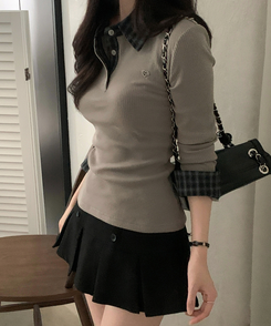 루이 체크 헨리넥 버튼 블라우스셔츠 2color 그레이