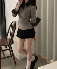 루이 체크 헨리넥 버튼 블라우스셔츠 2color 그레이