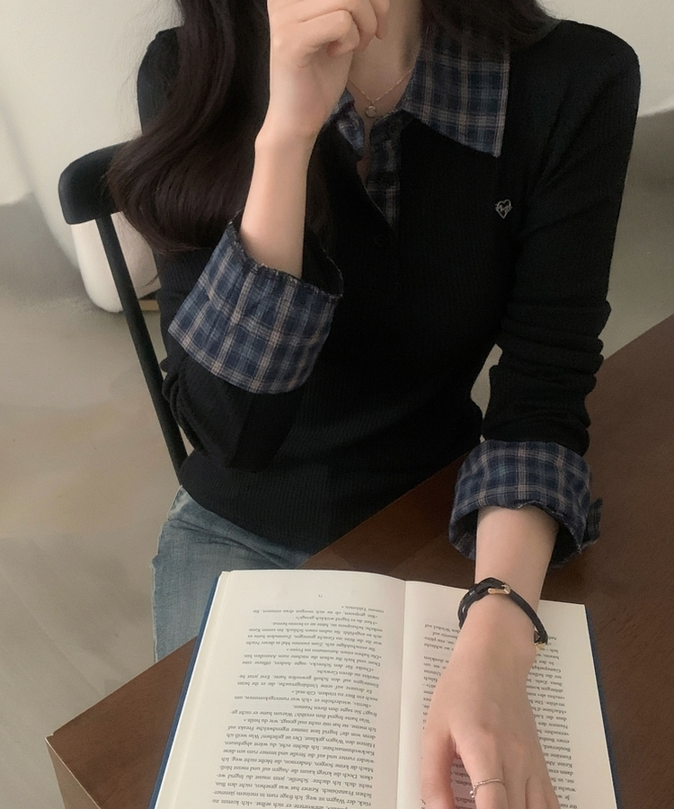 루이 체크 헨리넥 버튼 블라우스셔츠 2color 블랙