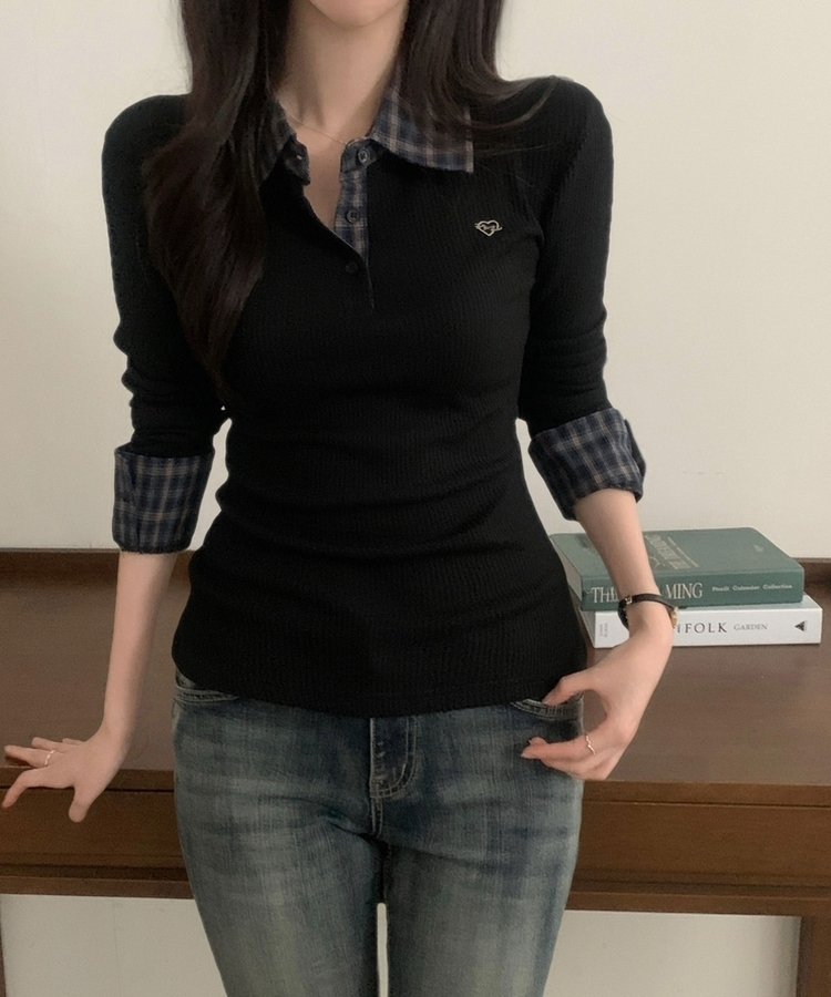 루이 체크 헨리넥 버튼 블라우스셔츠 2color 블랙