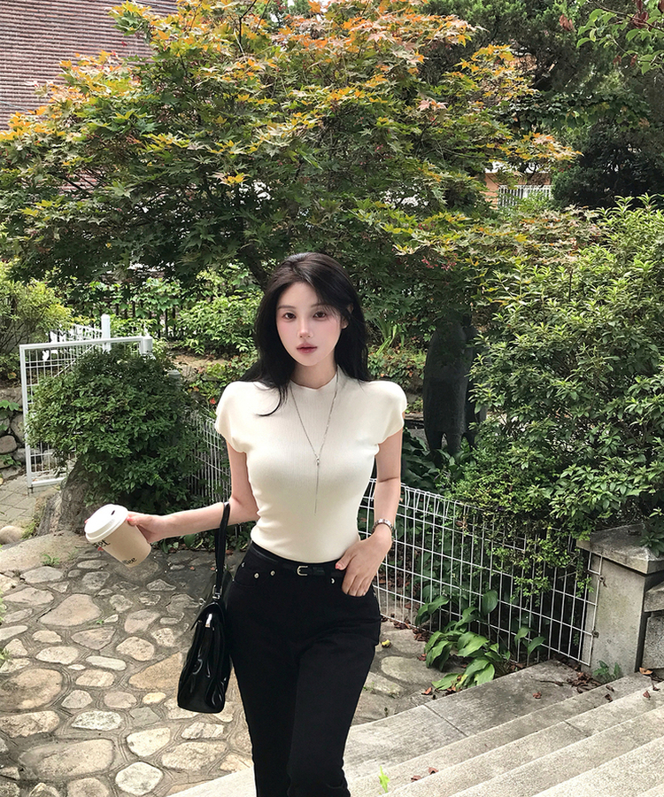 ハーフネックリブTシャツ IVORY