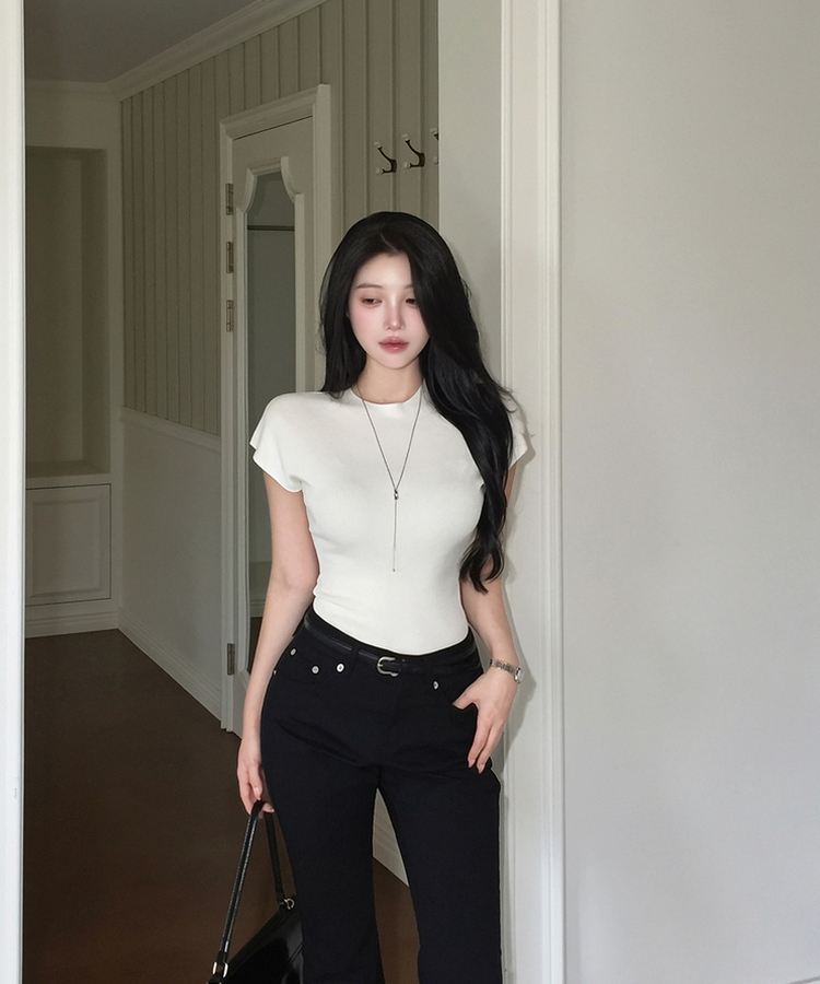 ハーフネックリブTシャツ IVORY