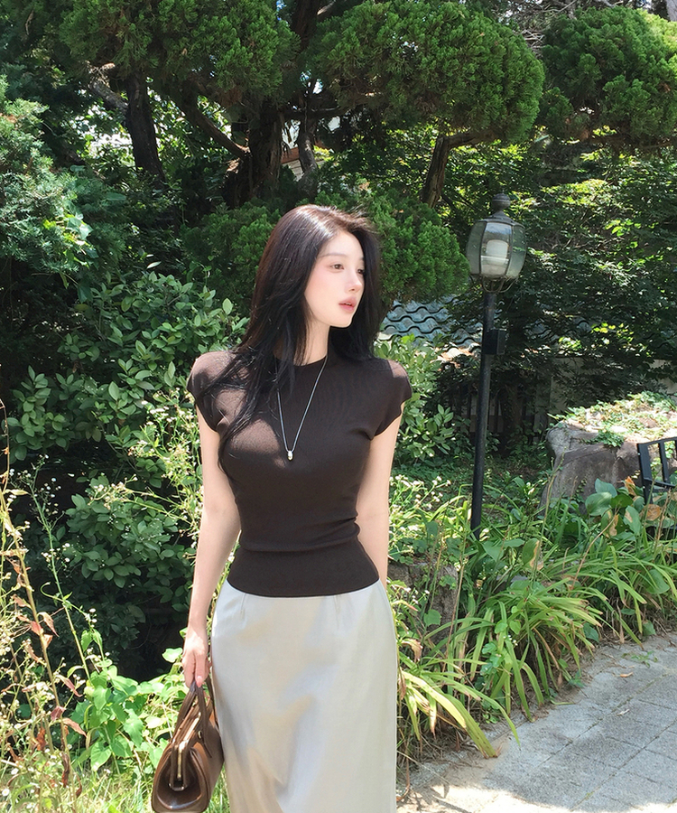 ハーフネックリブTシャツ BROWN