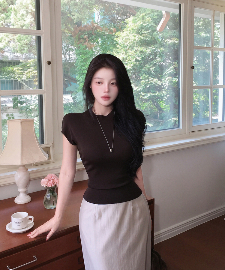 ハーフネックリブTシャツ BROWN