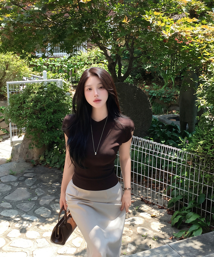 ハーフネックリブTシャツ BROWN