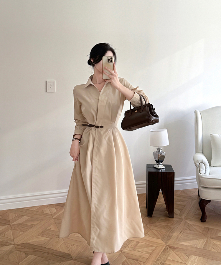 フレアAライン長袖ワンピース BEIGE