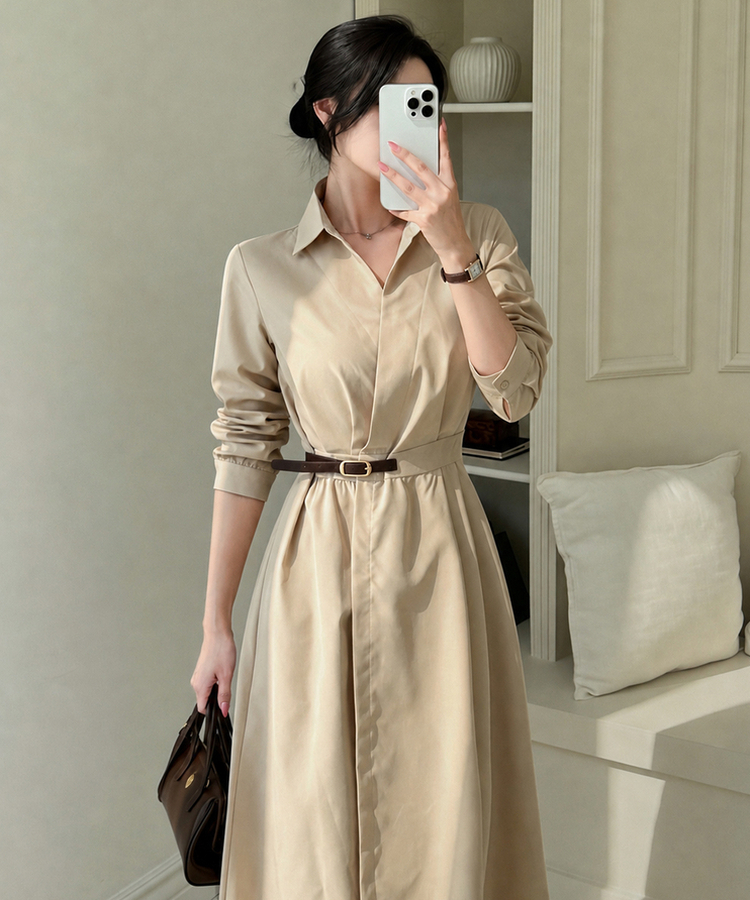 フレアAライン長袖ワンピース BEIGE