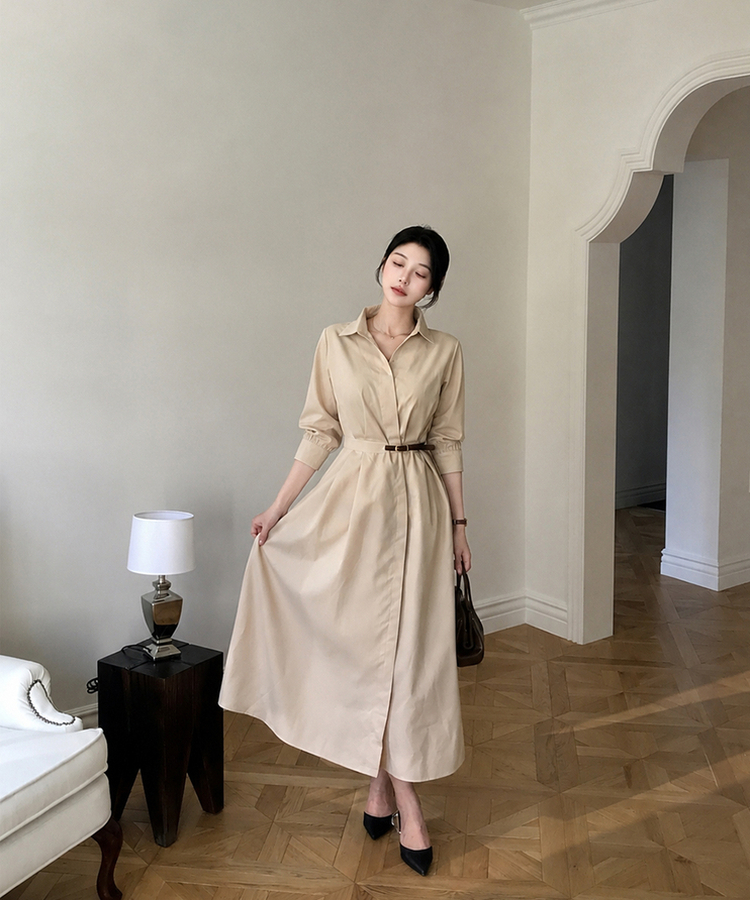 フレアAライン長袖ワンピース BEIGE