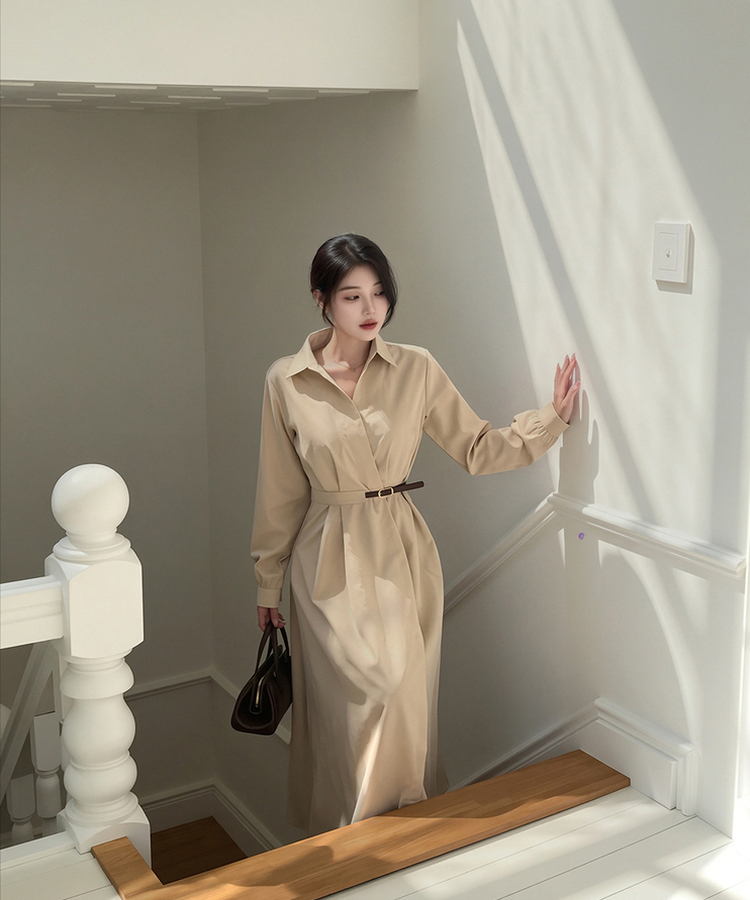 フレアAライン長袖ワンピース BEIGE