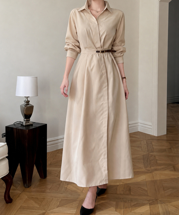 フレアAライン長袖ワンピース BEIGE