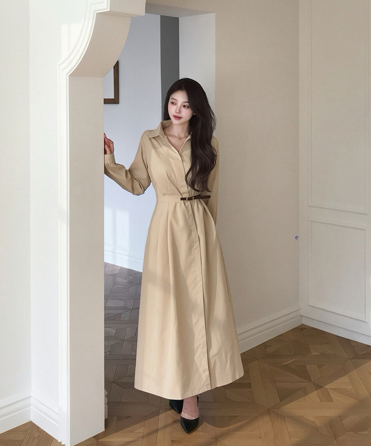 フレアAライン長袖ワンピース BEIGE