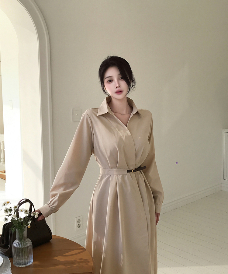 フレアAライン長袖ワンピース BEIGE