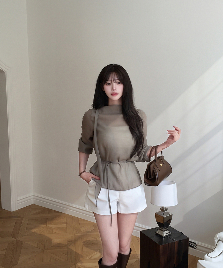 ハーフネックシアー長袖ブラウス BEIGE