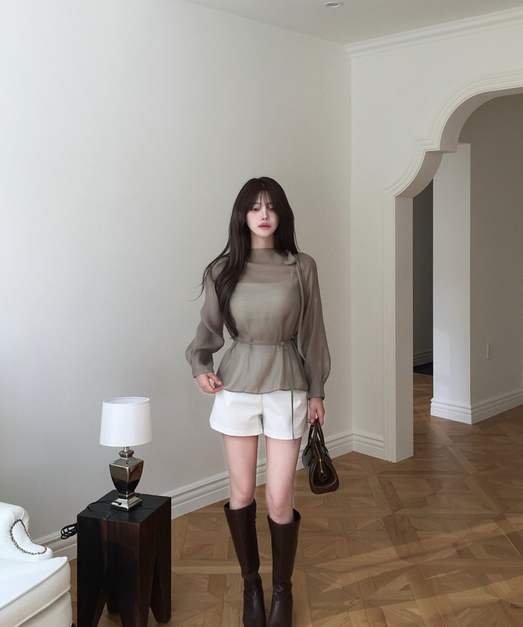 ハーフネックシアー長袖ブラウス BEIGE