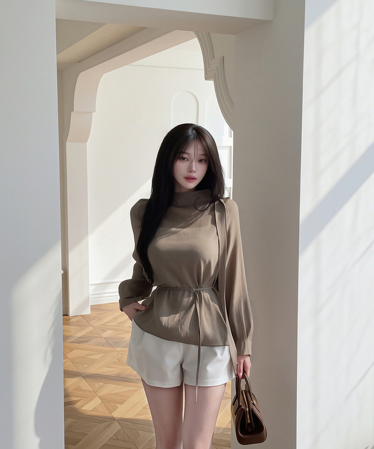 ハーフネックシアー長袖ブラウス BEIGE