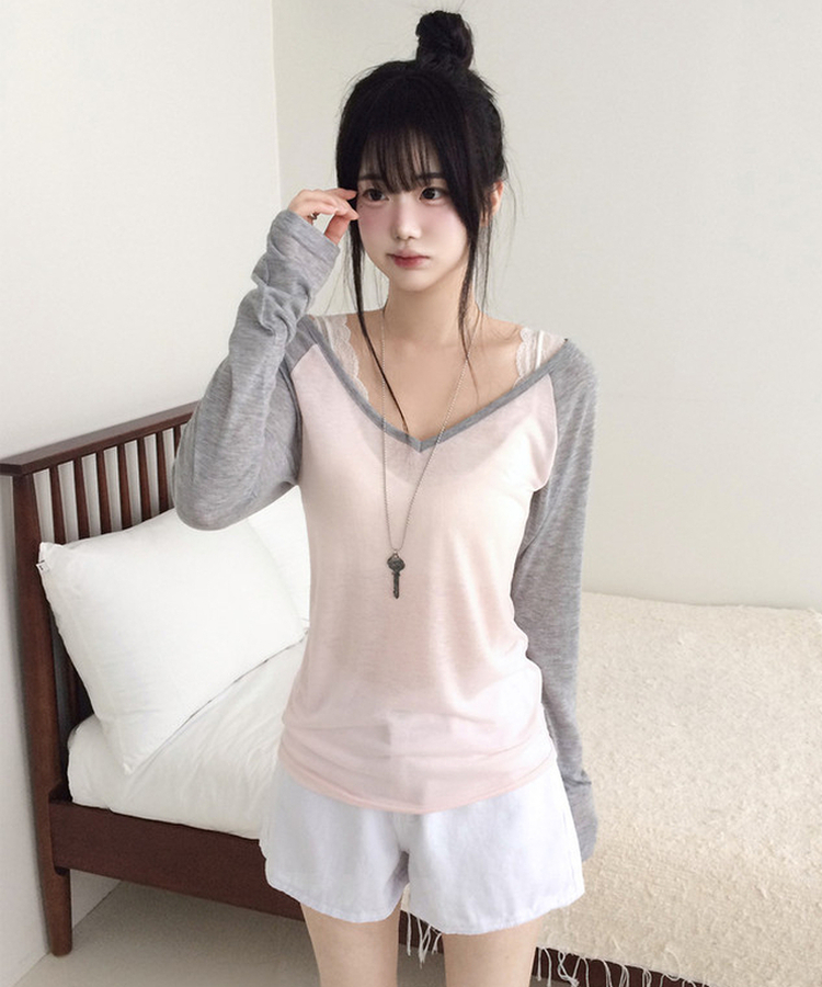 Vネックルーズ長袖Tシャツ(7color) PINK