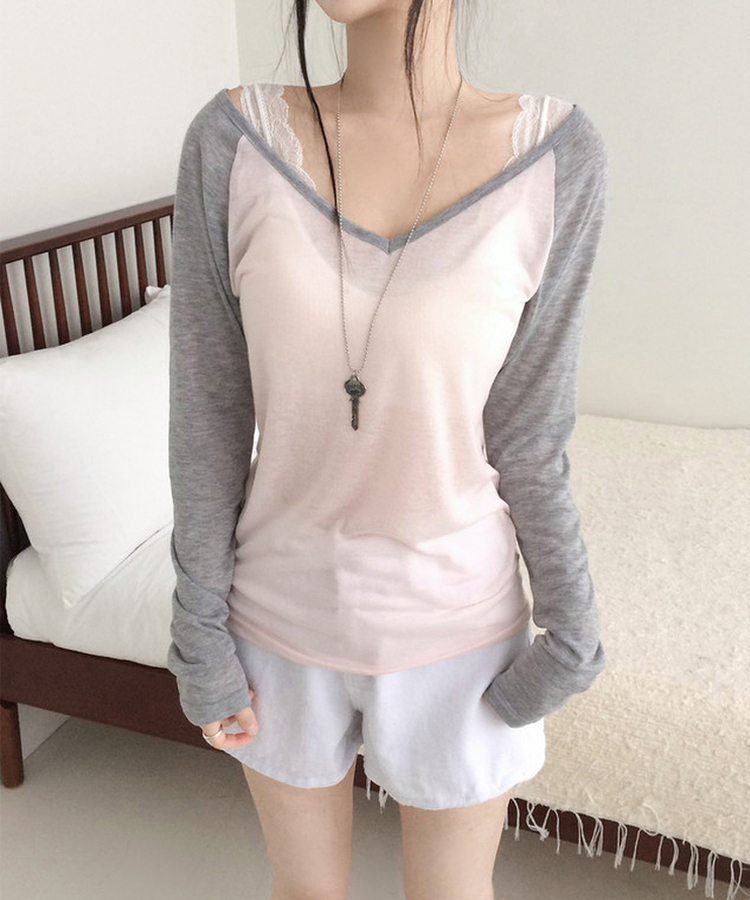 Vネックルーズ長袖Tシャツ(7color) PINK