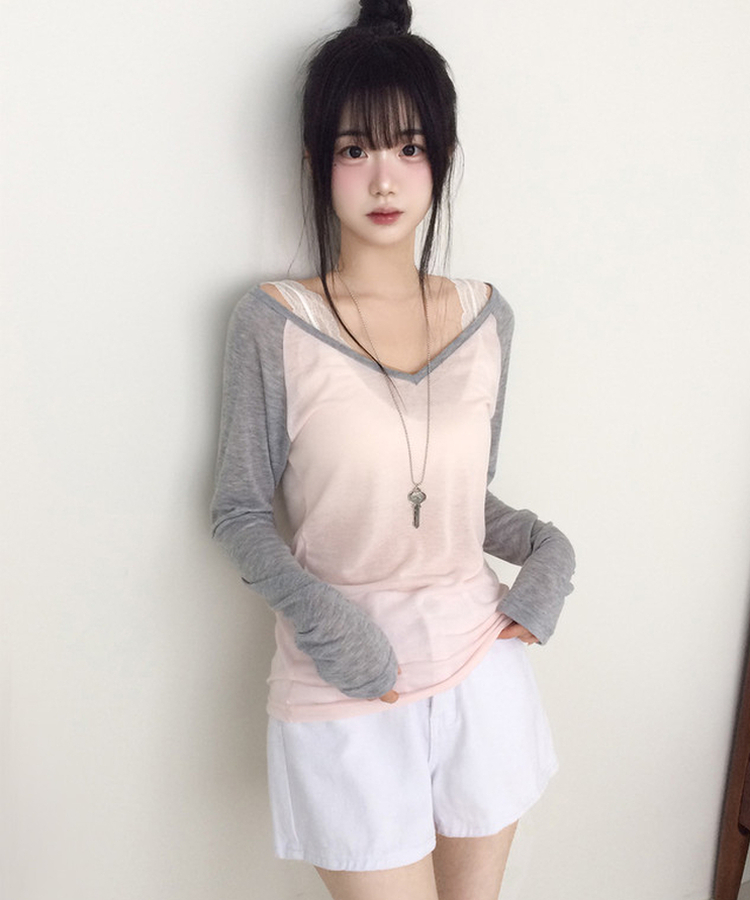 Vネックルーズ長袖Tシャツ(7color) PINK