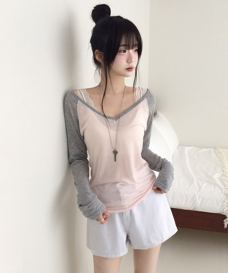 Vネックルーズ長袖Tシャツ(7color) PINK