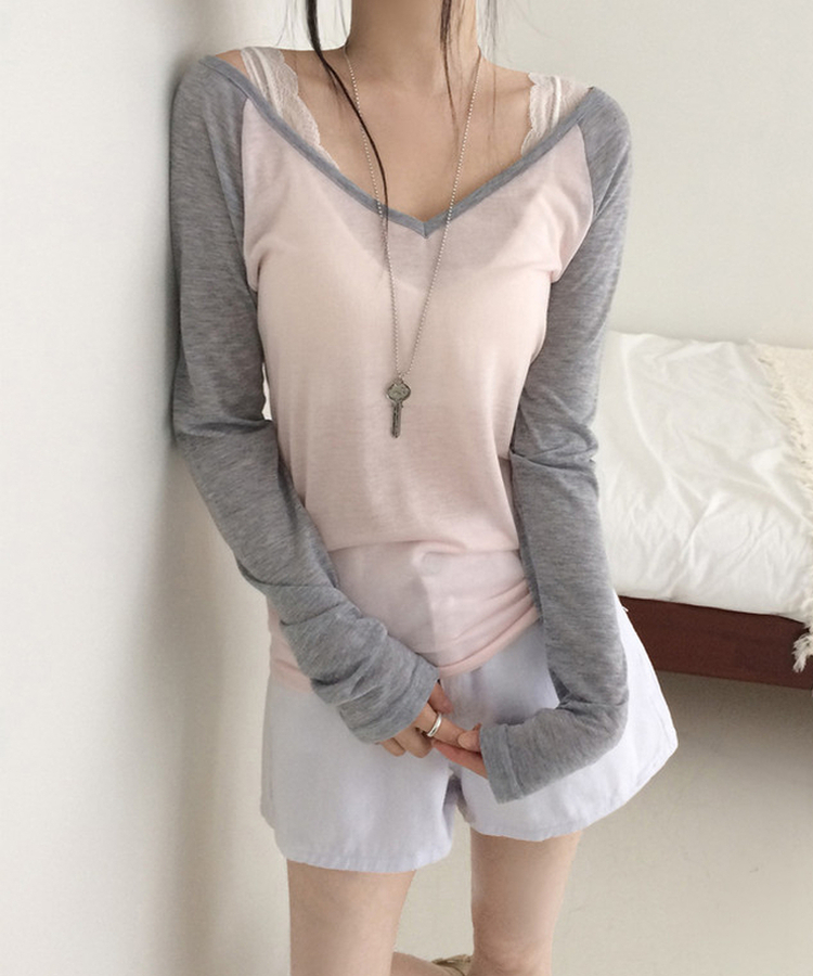 Vネックルーズ長袖Tシャツ(7color) PINK