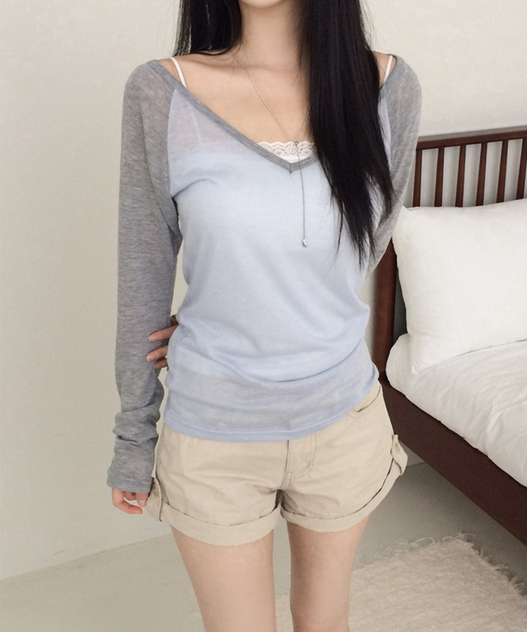 Vネックルーズ長袖Tシャツ(7color) SKY BLUE