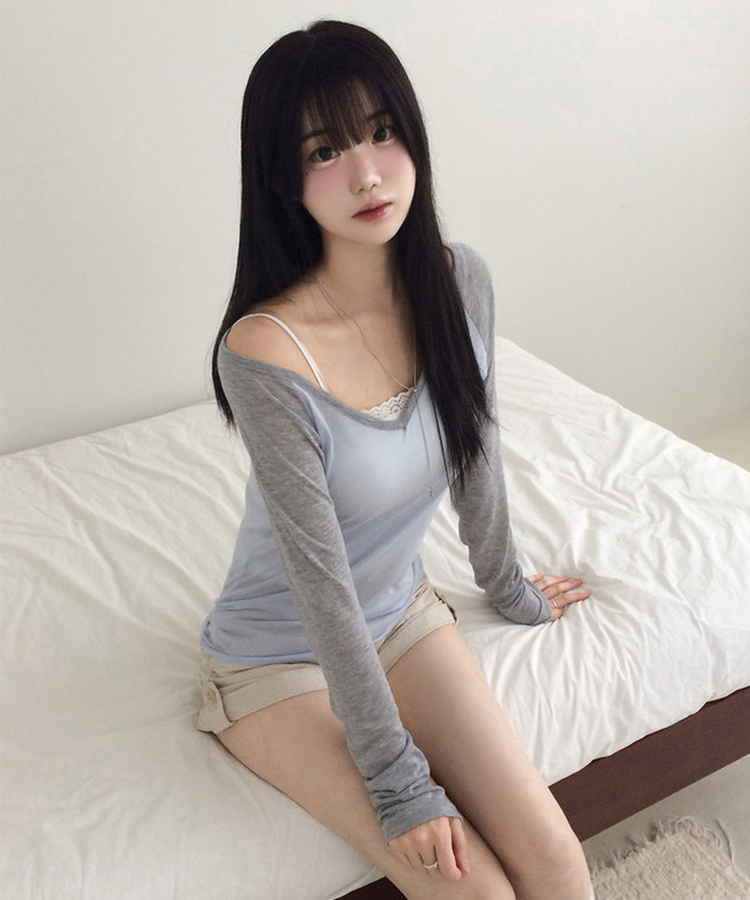 Vネックルーズ長袖Tシャツ(7color) SKY BLUE