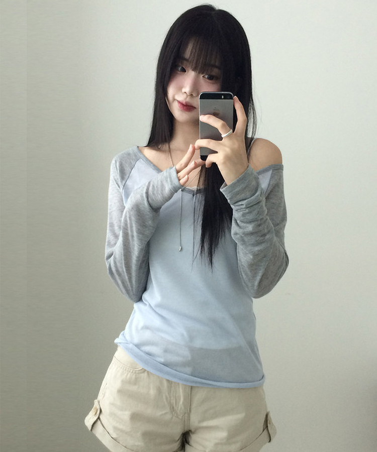 Vネックルーズ長袖Tシャツ(7color) SKY BLUE