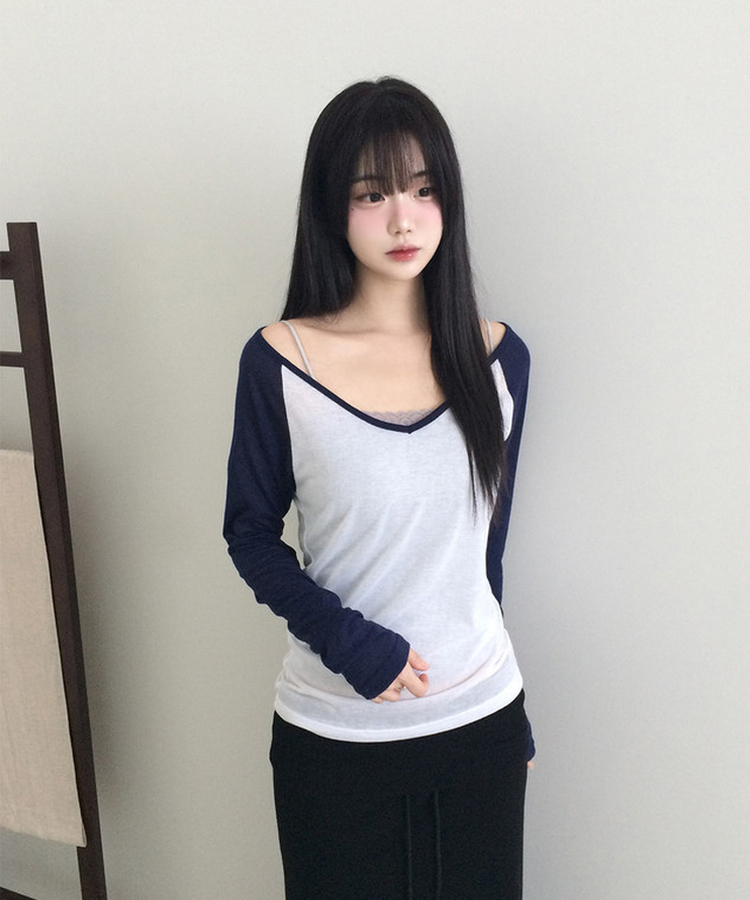 Vネックルーズ長袖Tシャツ(7color) NAVY