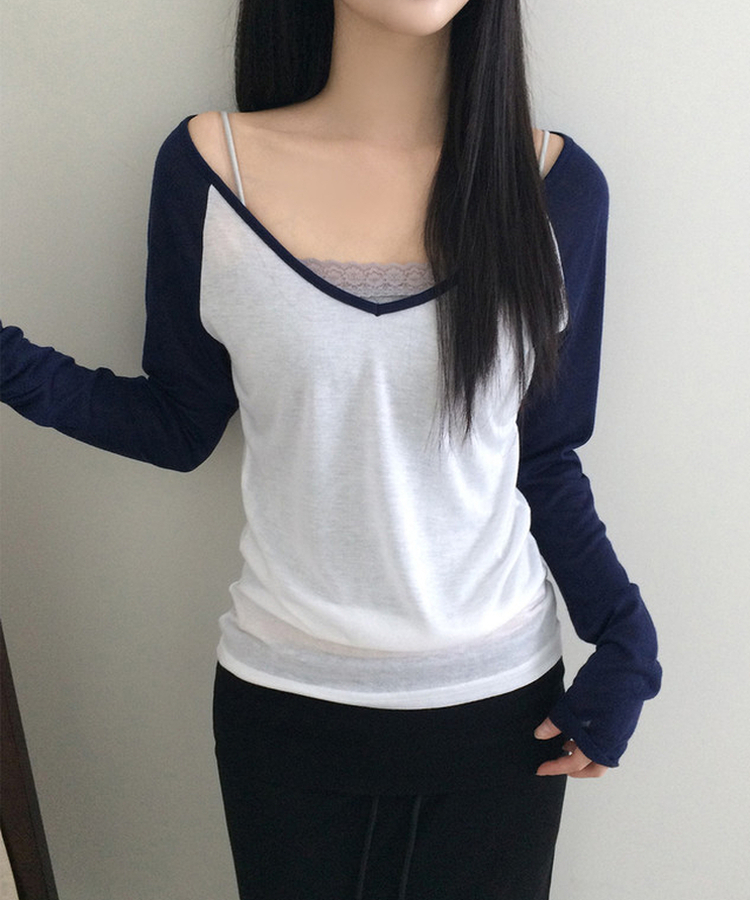 Vネックルーズ長袖Tシャツ(7color) NAVY