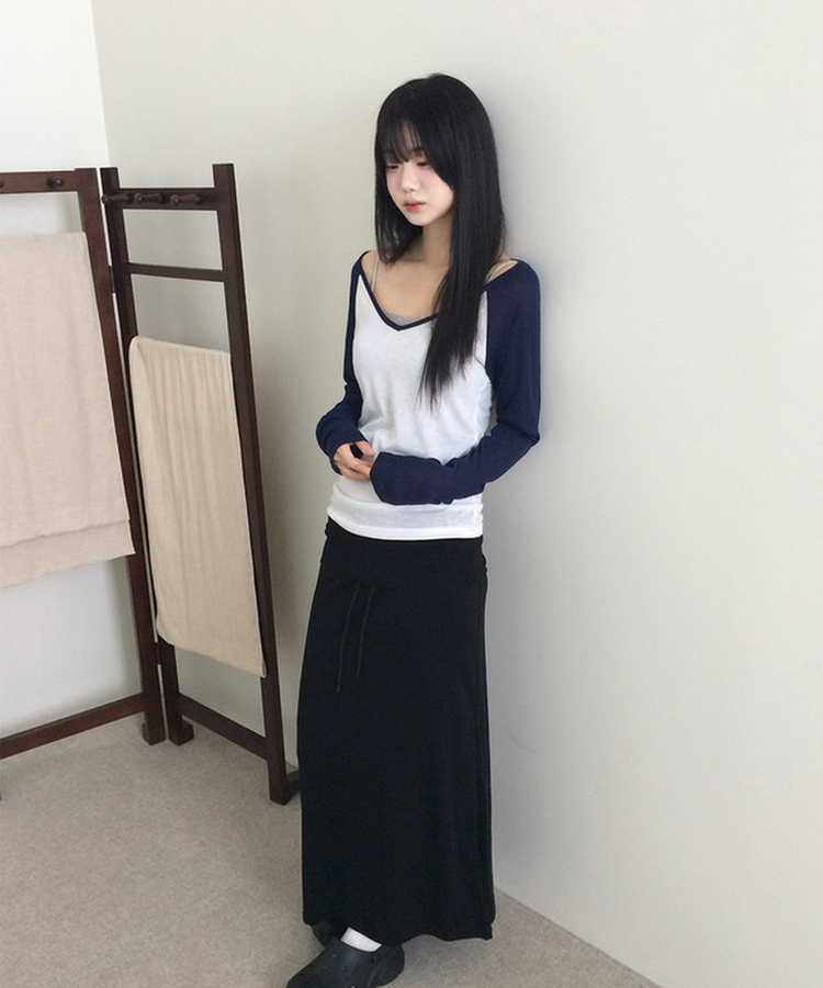 Vネックルーズ長袖Tシャツ(7color) NAVY