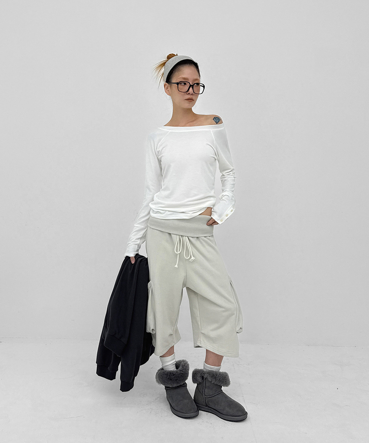 ワンショルダー長袖Tシャツ WHITE