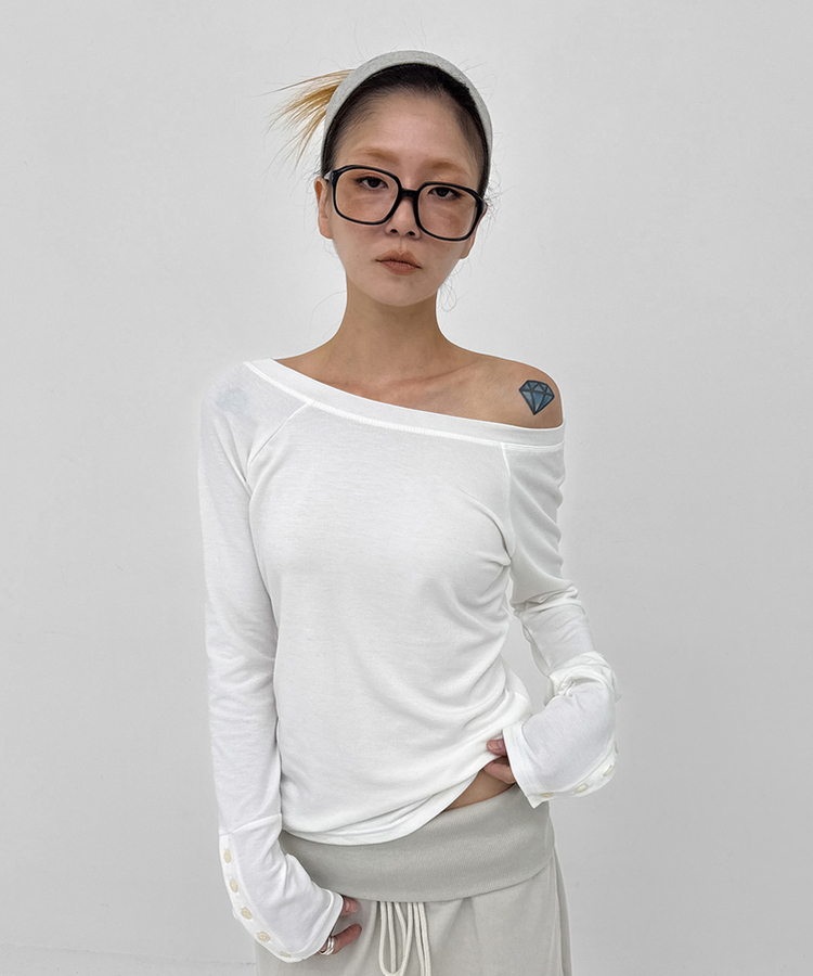 ワンショルダー長袖Tシャツ WHITE
