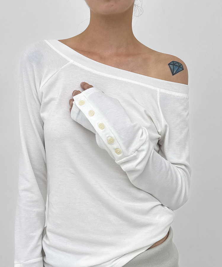 ワンショルダー長袖Tシャツ WHITE
