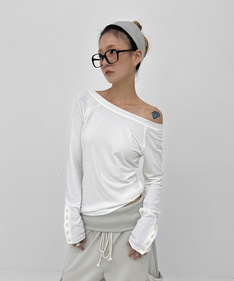 ワンショルダー長袖Tシャツ WHITE