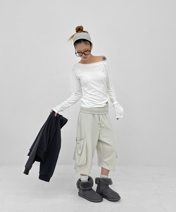 ワンショルダー長袖Tシャツ WHITE