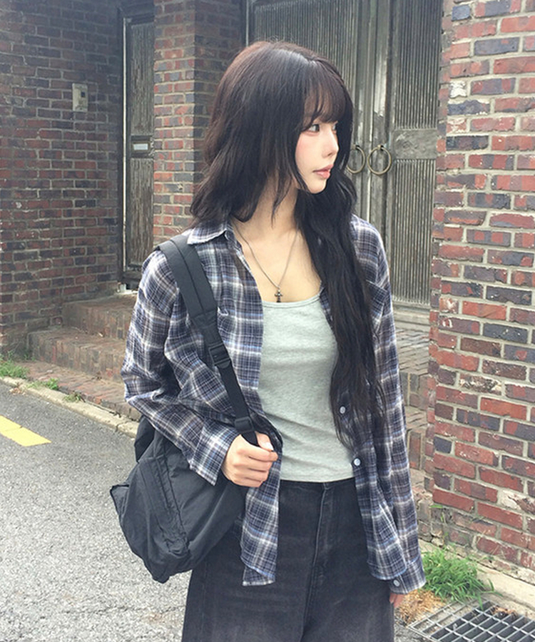 【SET】オーバーサイズチェックカラーネックシャツ NAVY