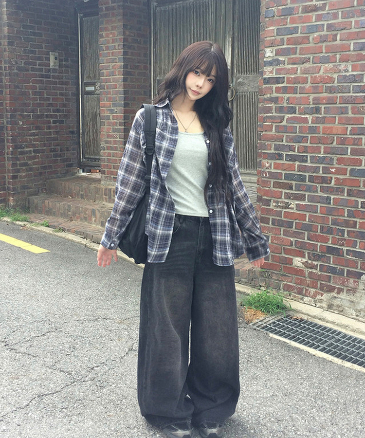 【SET】オーバーサイズチェックカラーネックシャツ NAVY