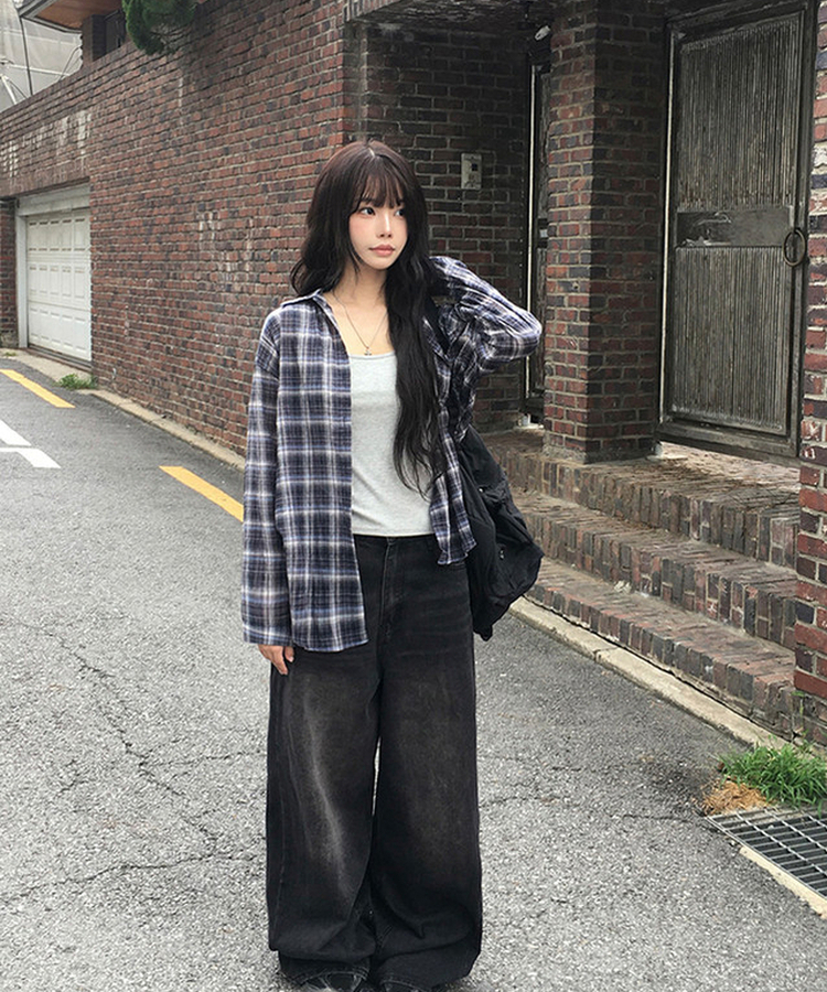 【SET】オーバーサイズチェックカラーネックシャツ NAVY