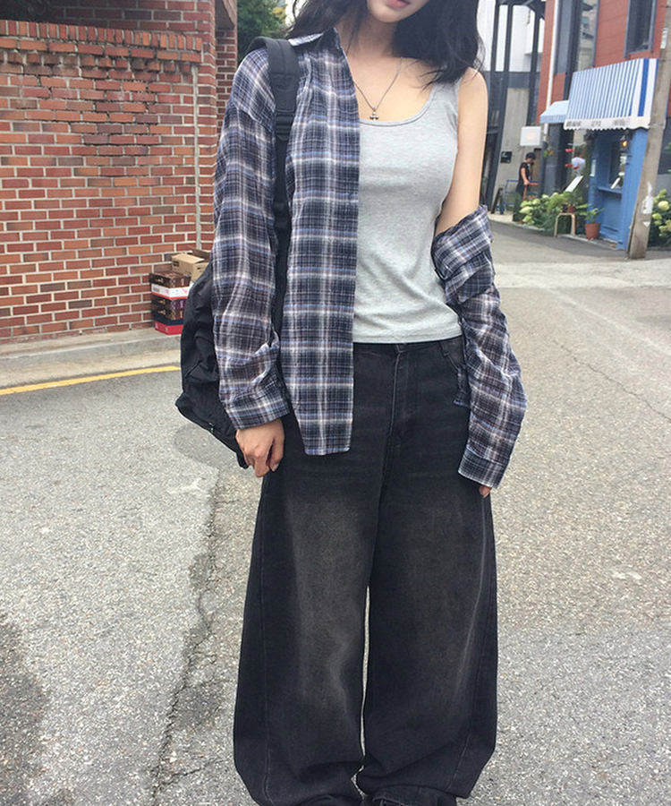 【SET】オーバーサイズチェックカラーネックシャツ NAVY