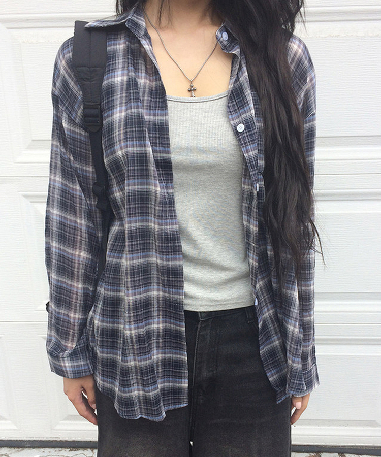 【SET】オーバーサイズチェックカラーネックシャツ NAVY