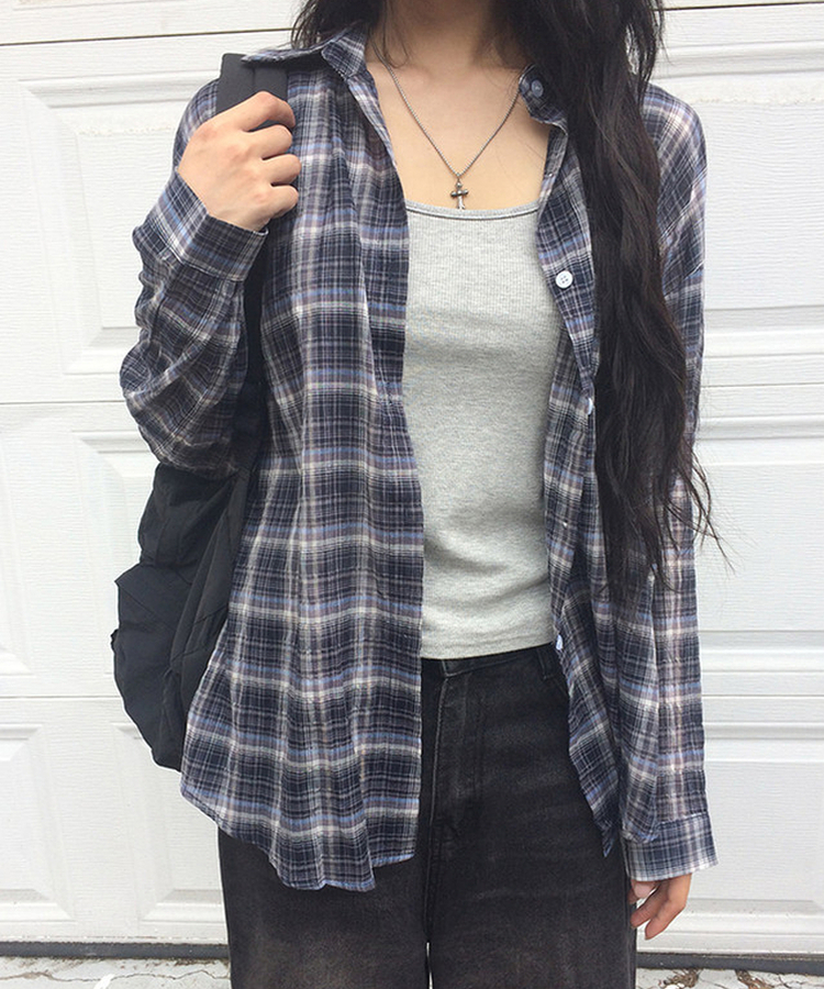 【SET】オーバーサイズチェックカラーネックシャツ NAVY