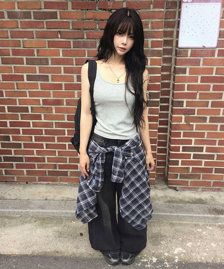 【SET】オーバーサイズチェックカラーネックシャツ NAVY