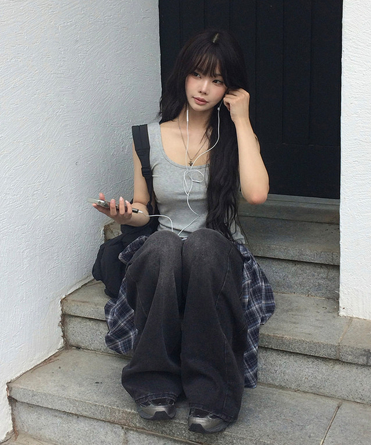 【SET】オーバーサイズチェックカラーネックシャツ NAVY